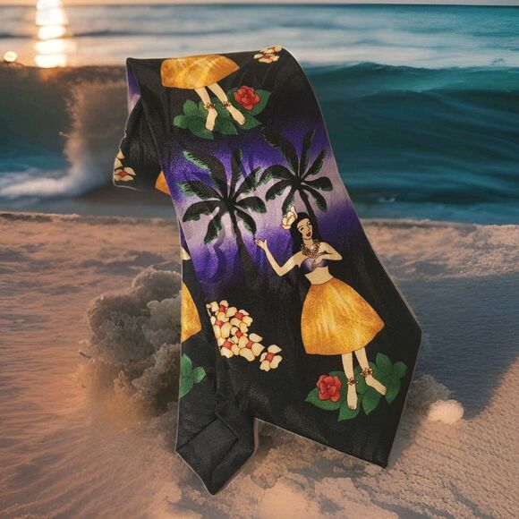 Steven Harris Mens Hula Dancer Hawaii Palm Tree Sunset Beach Tie Hand Made - Picture 14 of 14